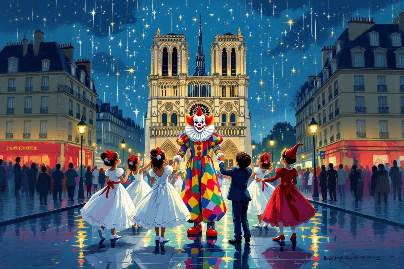 Children Dance Before Notre Dame Cathedral on Rainy Evening