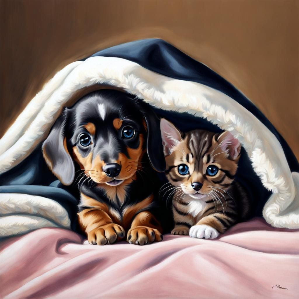 Tan Dachshund Puppy Cuddling with Kitten