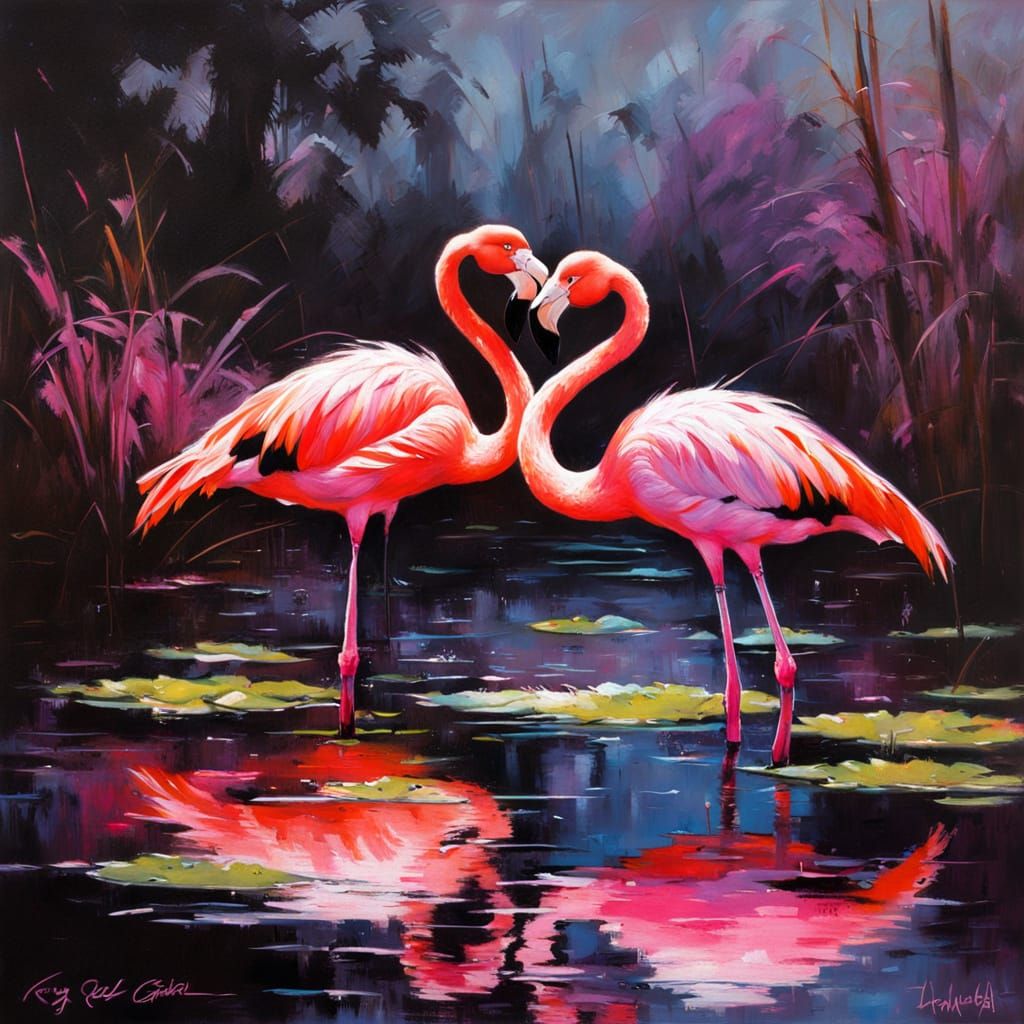 Glowing Flamingos in Neon Hues