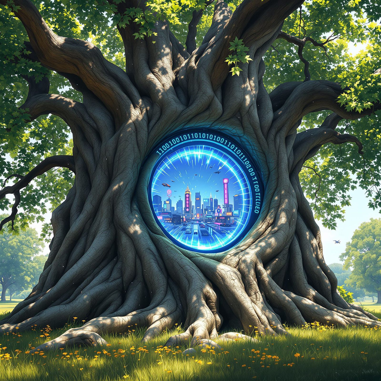 Cyberpunk Portal Within Ancient Oak Tree Digital Painting