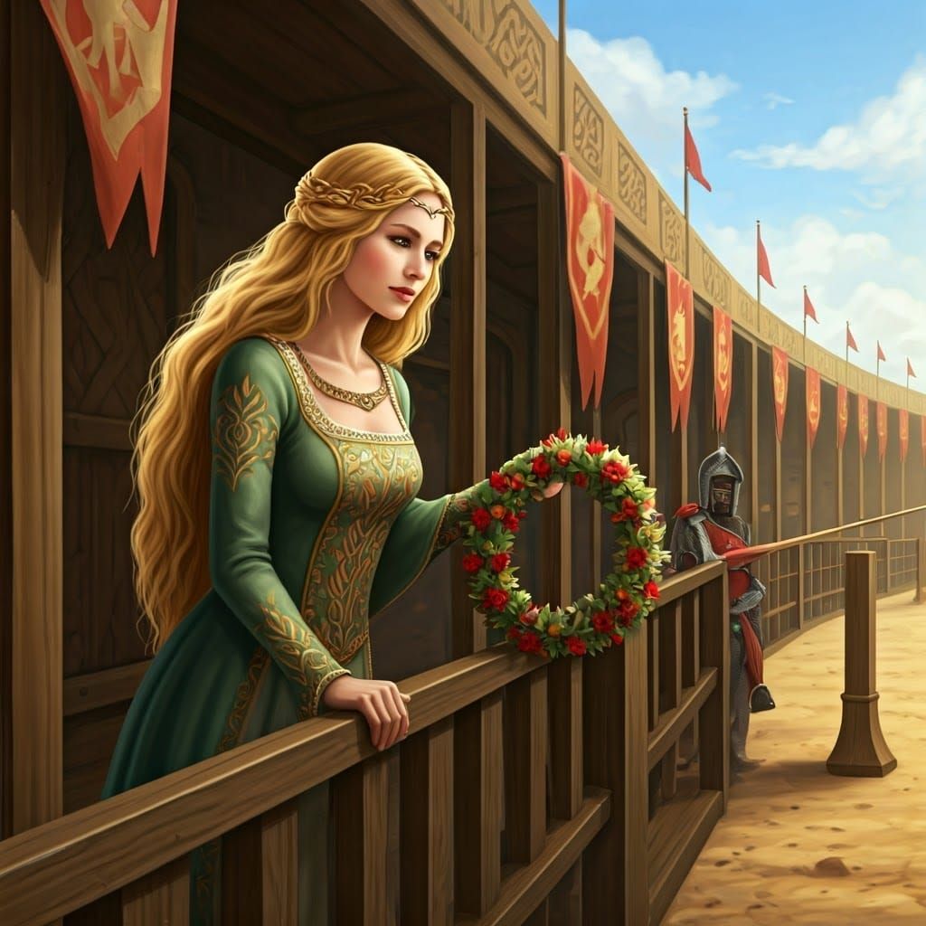 Medieval Princess Places Wreath on Jousting Knight's Lance