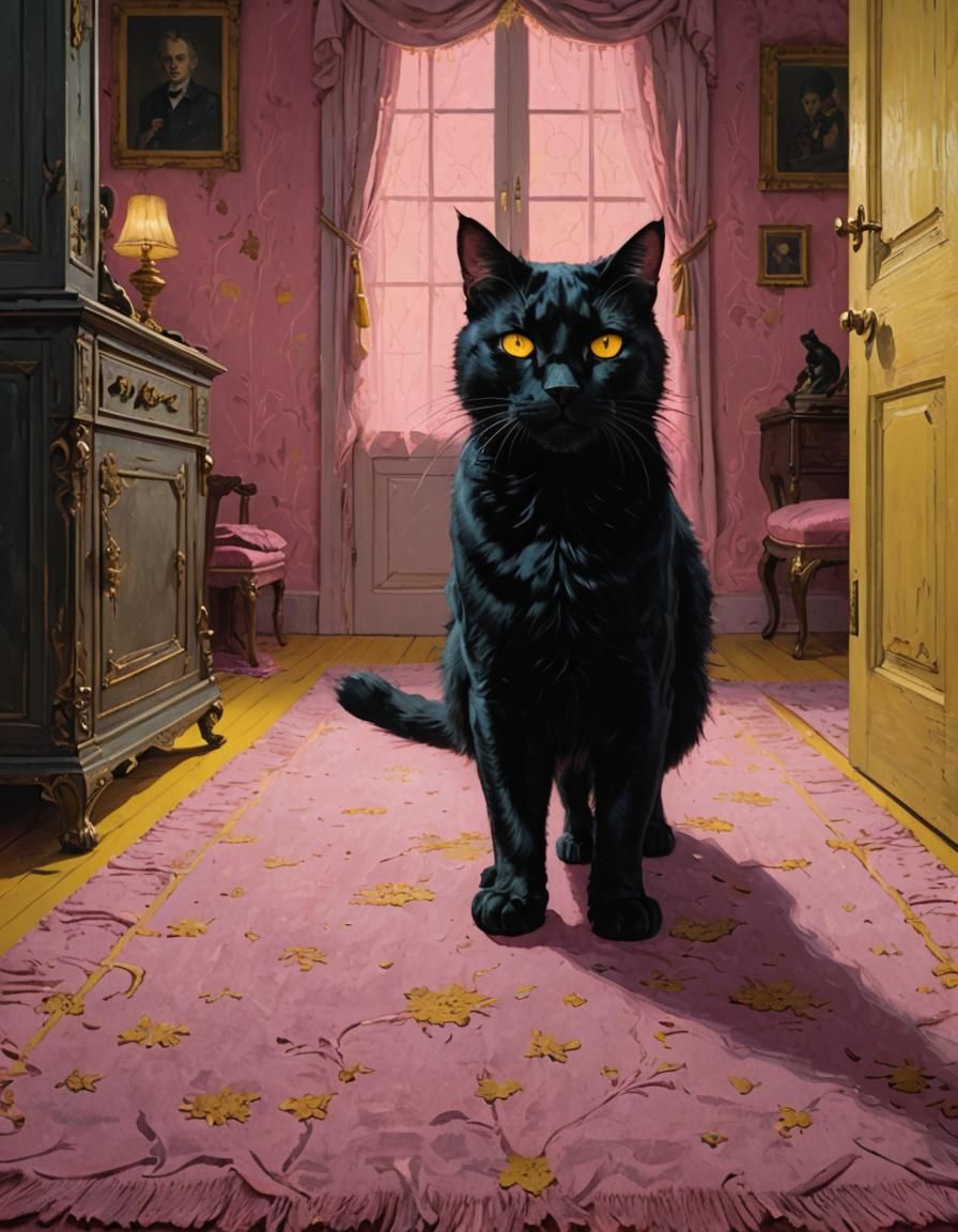 Black Cat with Glowing Eyes in Dimly Lit Bedroom