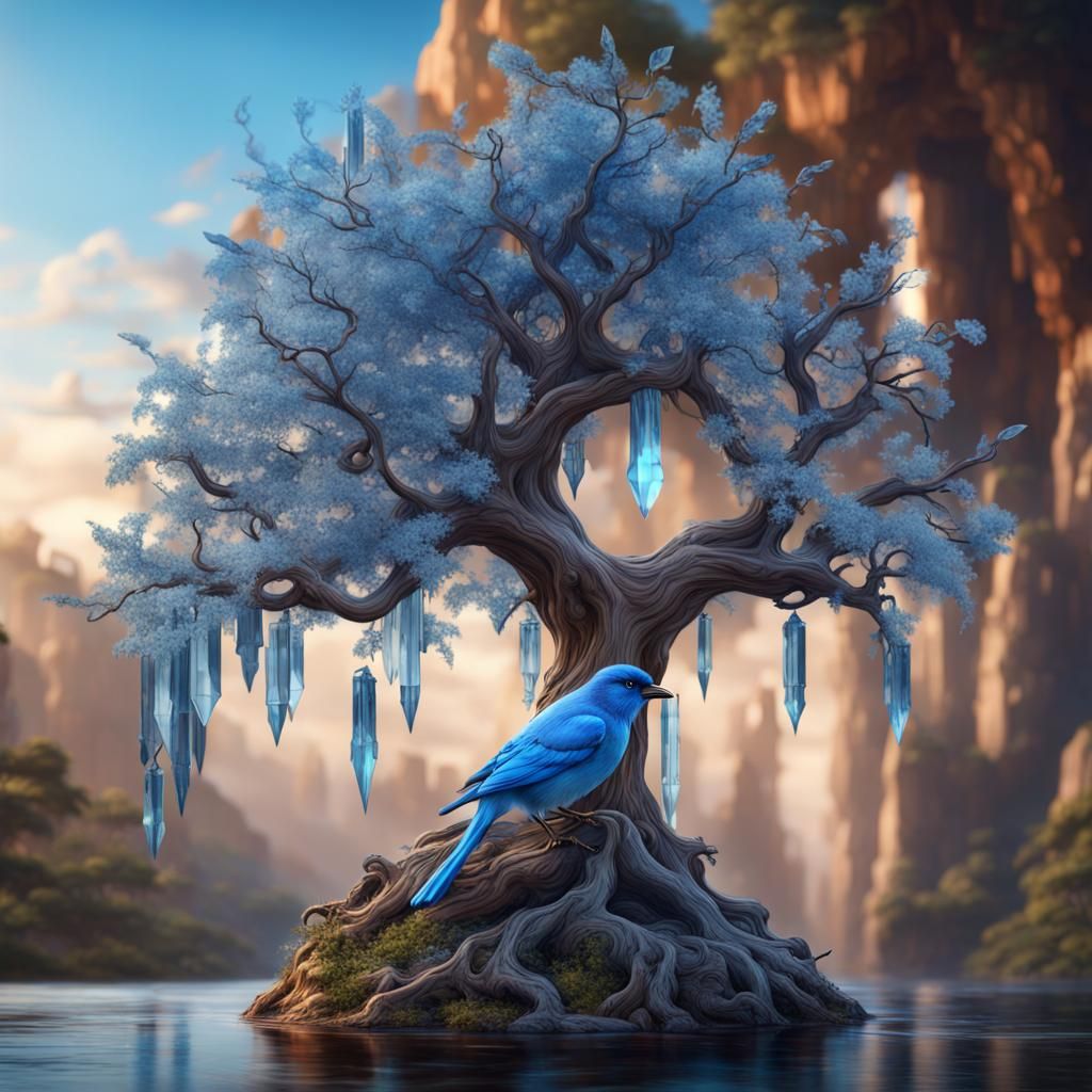 Crystal Tree and Blue Bird: Detailed Matte Painting