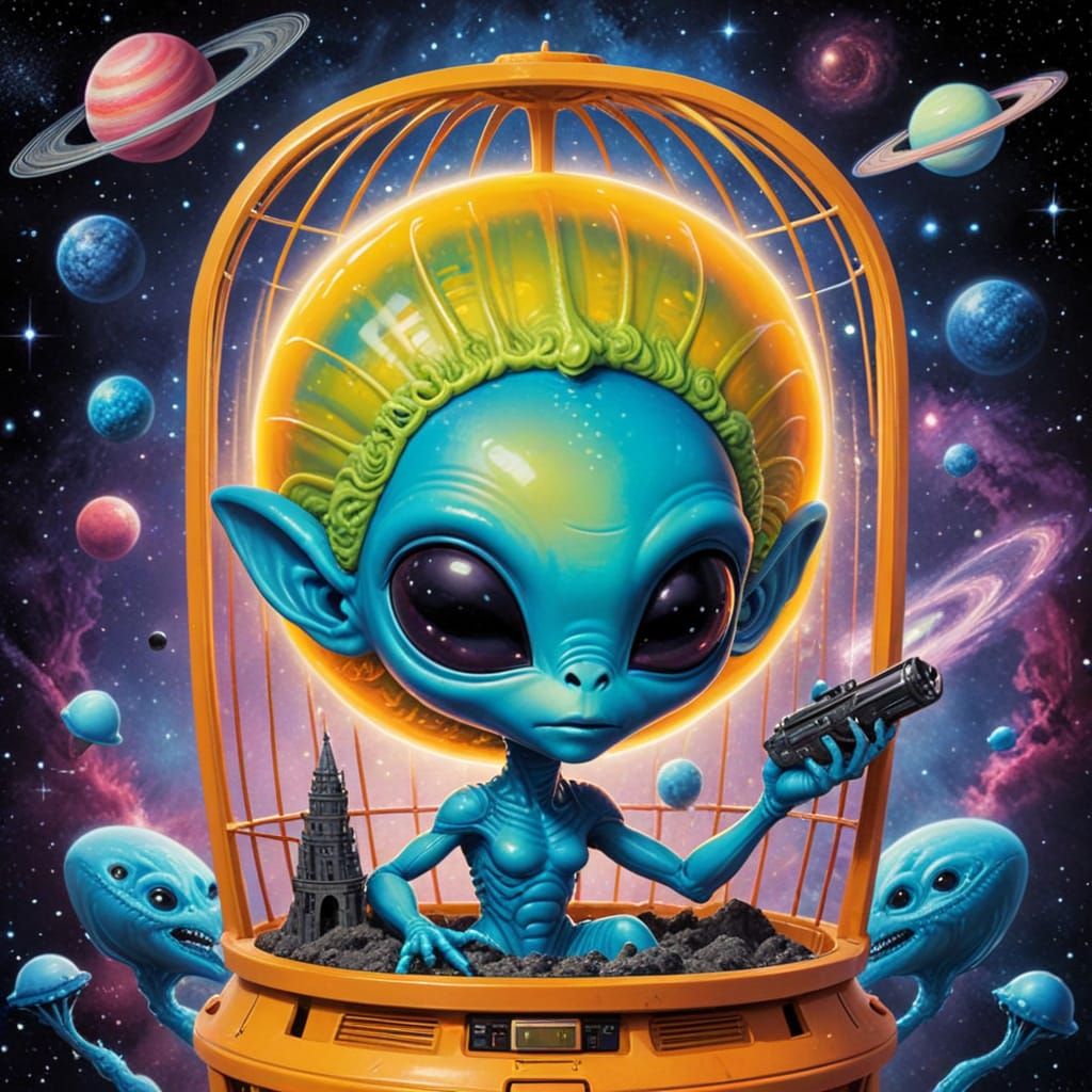 Retro-Futuristic Alien Breaks Free from Cosmic Confinement