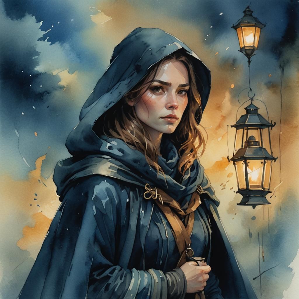 Female Rogue in Shadows: Watercolor Fantasy Portrait