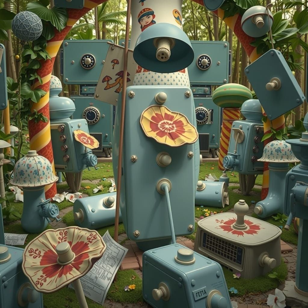 Whimsical Sculpture of Mushroom-Themed Flags and Quirky Cabi...