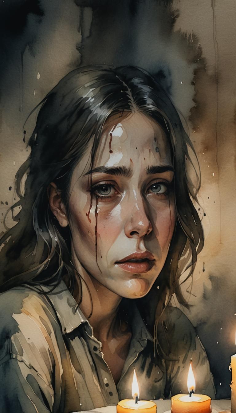 Emotional Woman in Dark Room as Watercolor Art