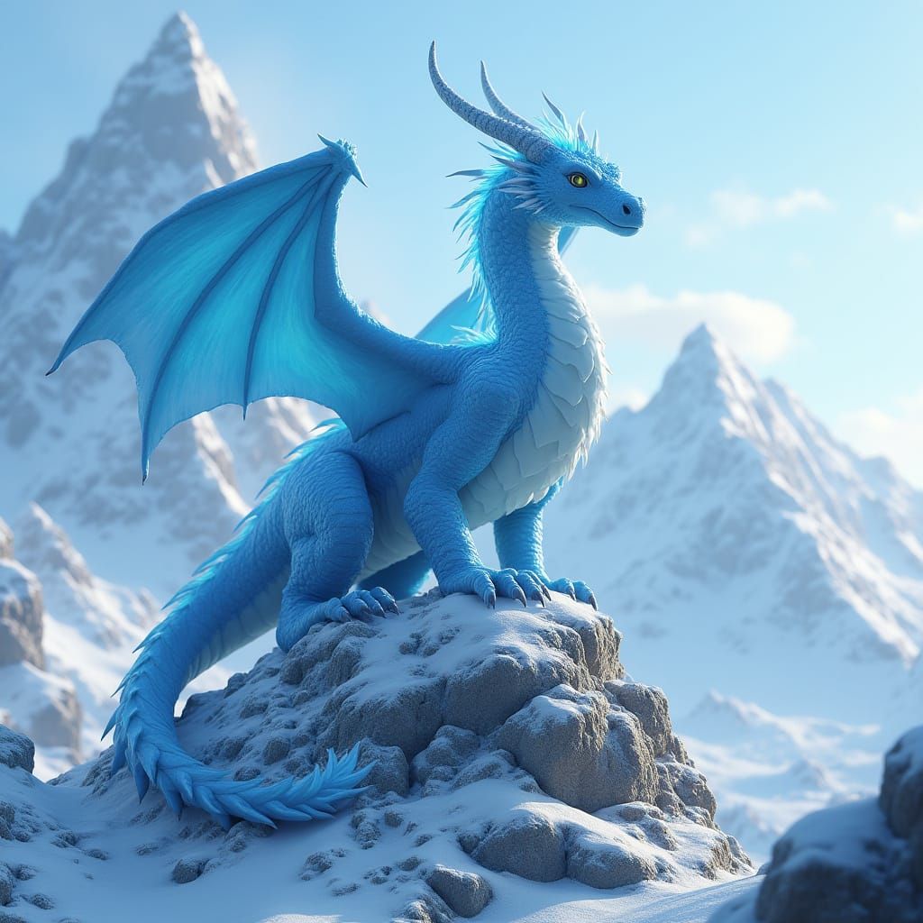 Majestic Ice Dragon on Mountain in 3D Fantasy Art