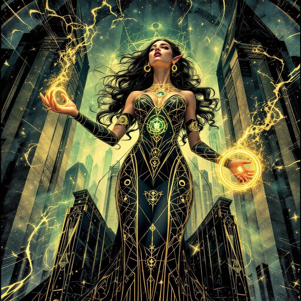 Elven Sorceress in Art Deco Opulence