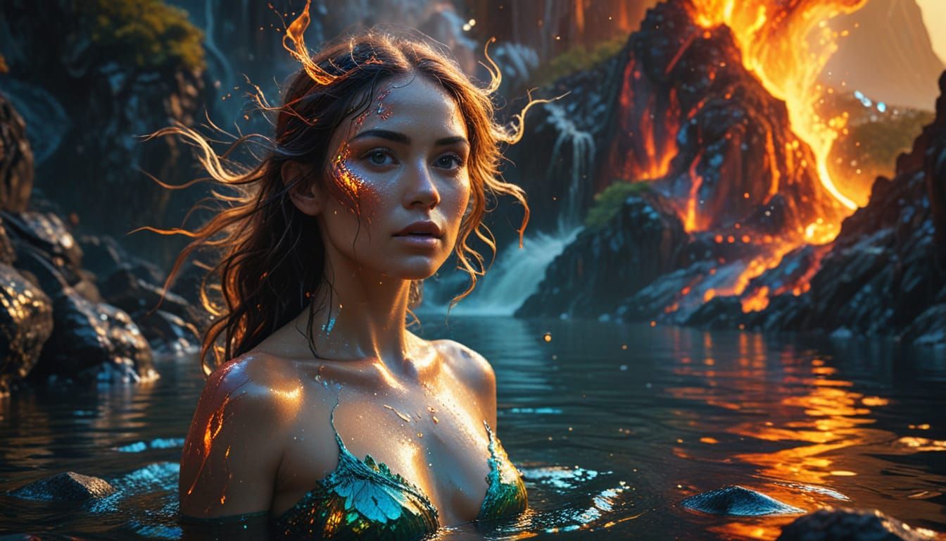 Water Nymph Against Volcano in Vibrant Oil Painting