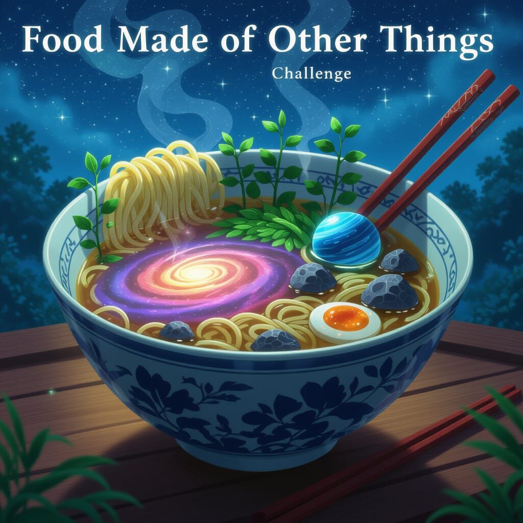 Cosmic Ramen Bowl with Bioluminescent Flora, Ghibli Style