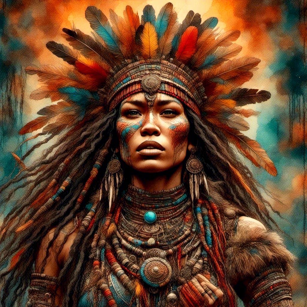 Indigenous American Warrior Princess in Maximalist Style