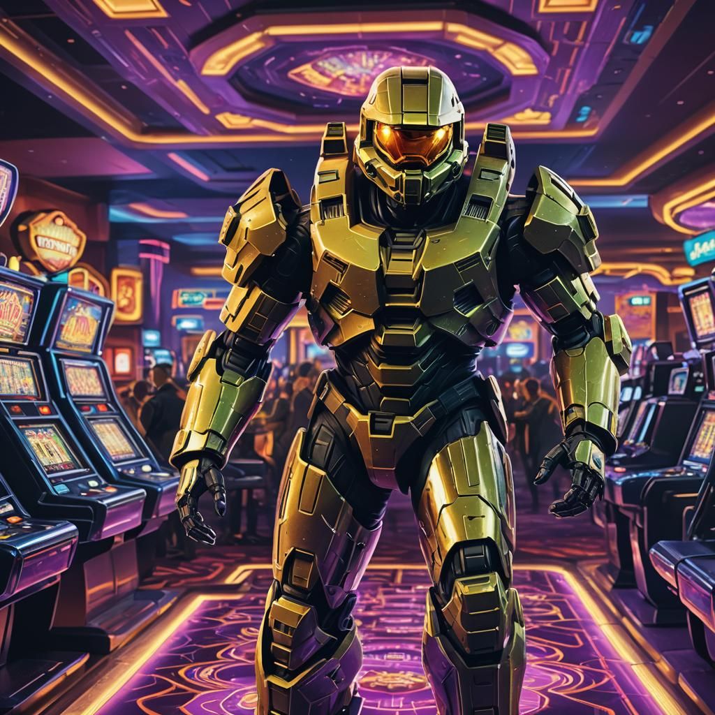 Master Chief in a Neon-Lit Casino, Digital Art