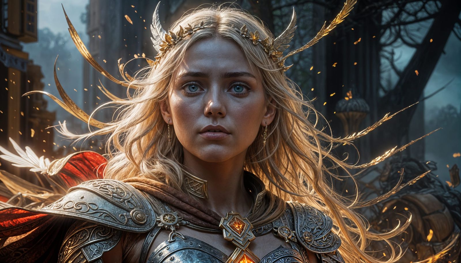 Fallen Angelic Valkyrie With Covered Eyes in Golden Forest