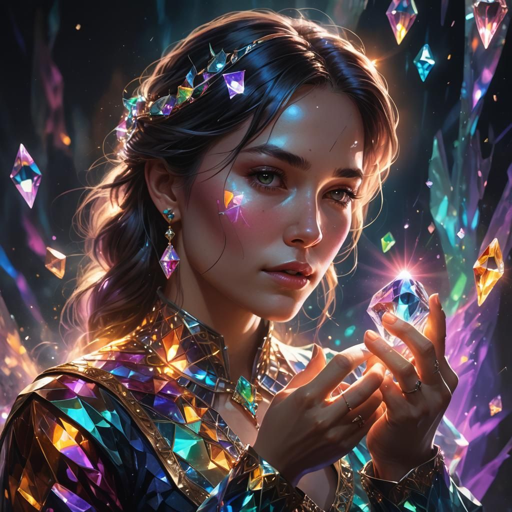 Woman Holds Magic Crystal in Hyperrealistic Art
