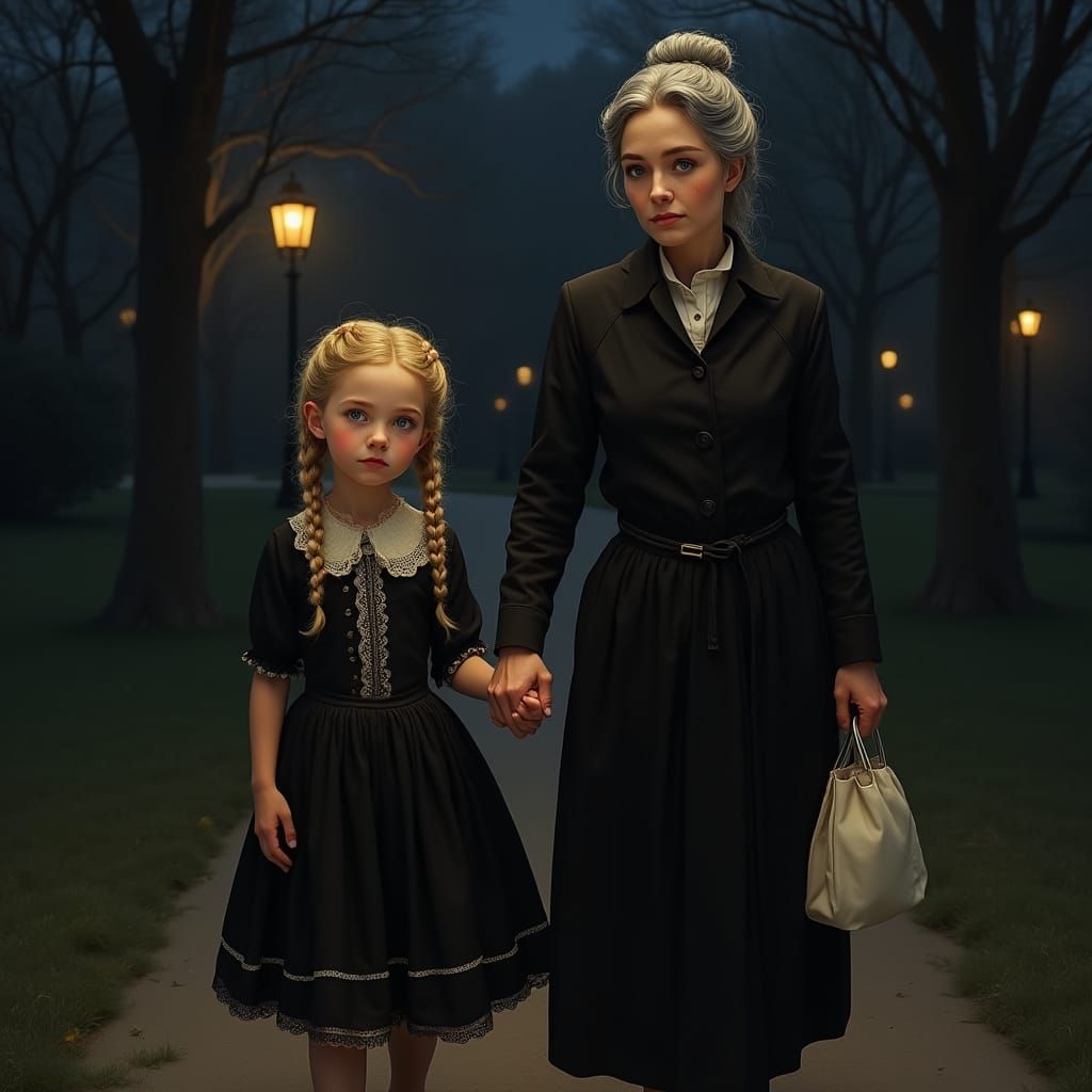 Hyper-Realistic Portrait of a Young Girl and Her Nanny Walki...