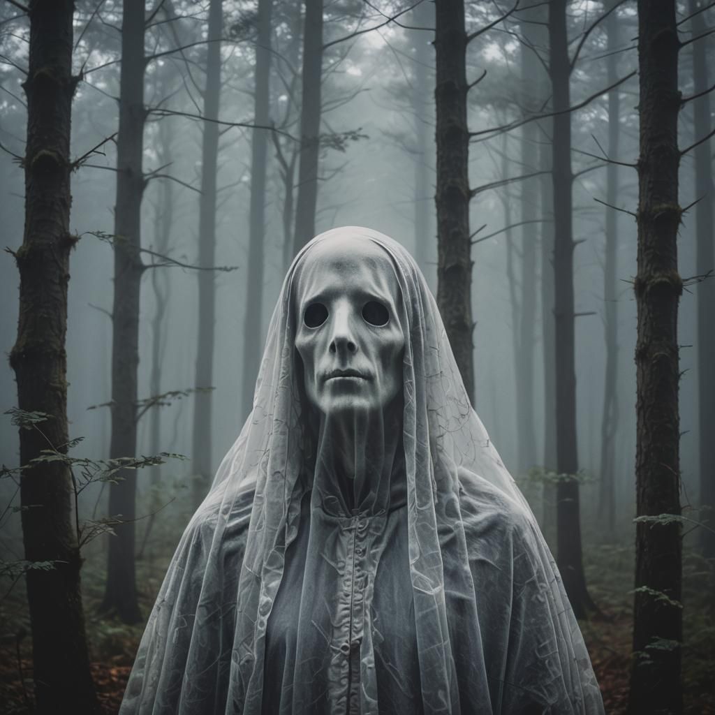 Ethereal Ghost Portrait in Foggy Twilight Forest