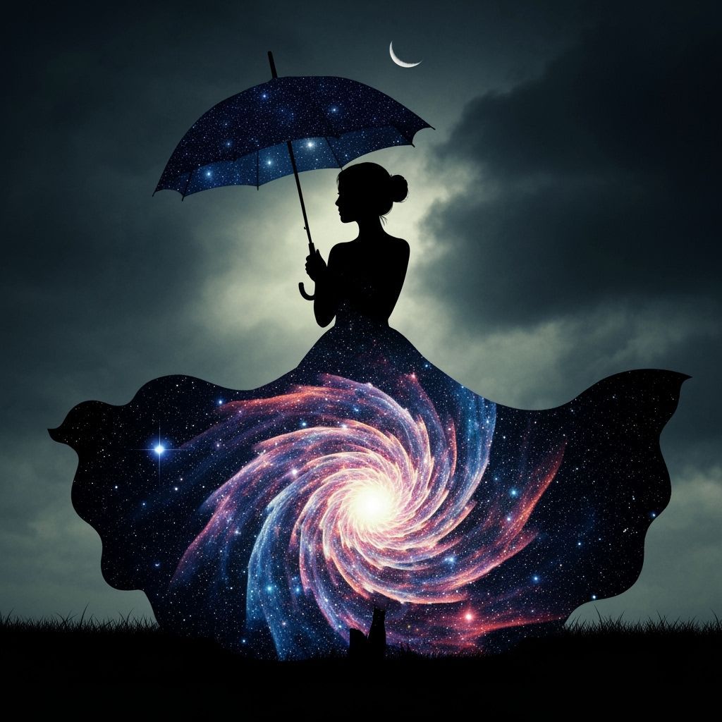 Woman with Starry Umbrella in Cosmic Swirl Dress