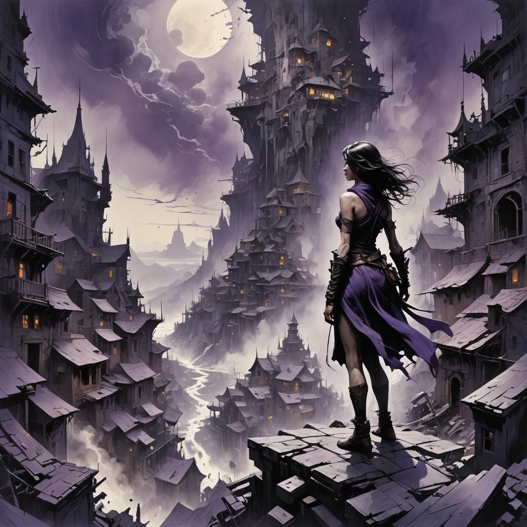 Ethereal Woman Carrying Chaotic Town: A Colorful Illustratio...