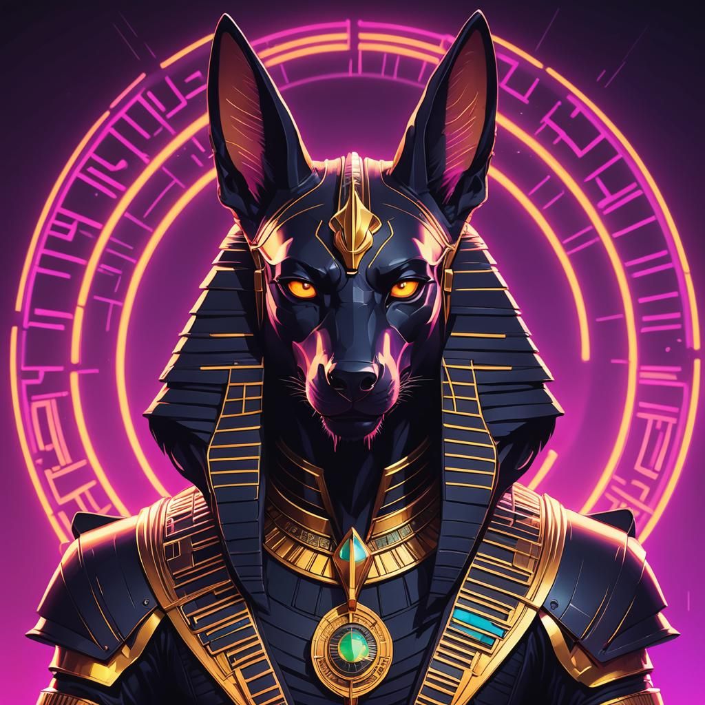 Anubis Portrait in Synthwave Neon Retro Style