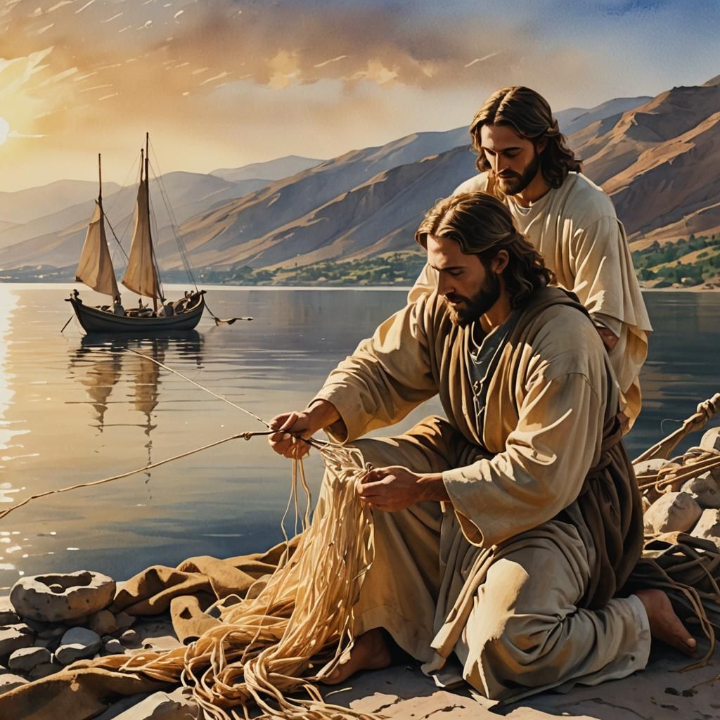 Jesus Calls a Fisherman: Watercolor Cinematic Still