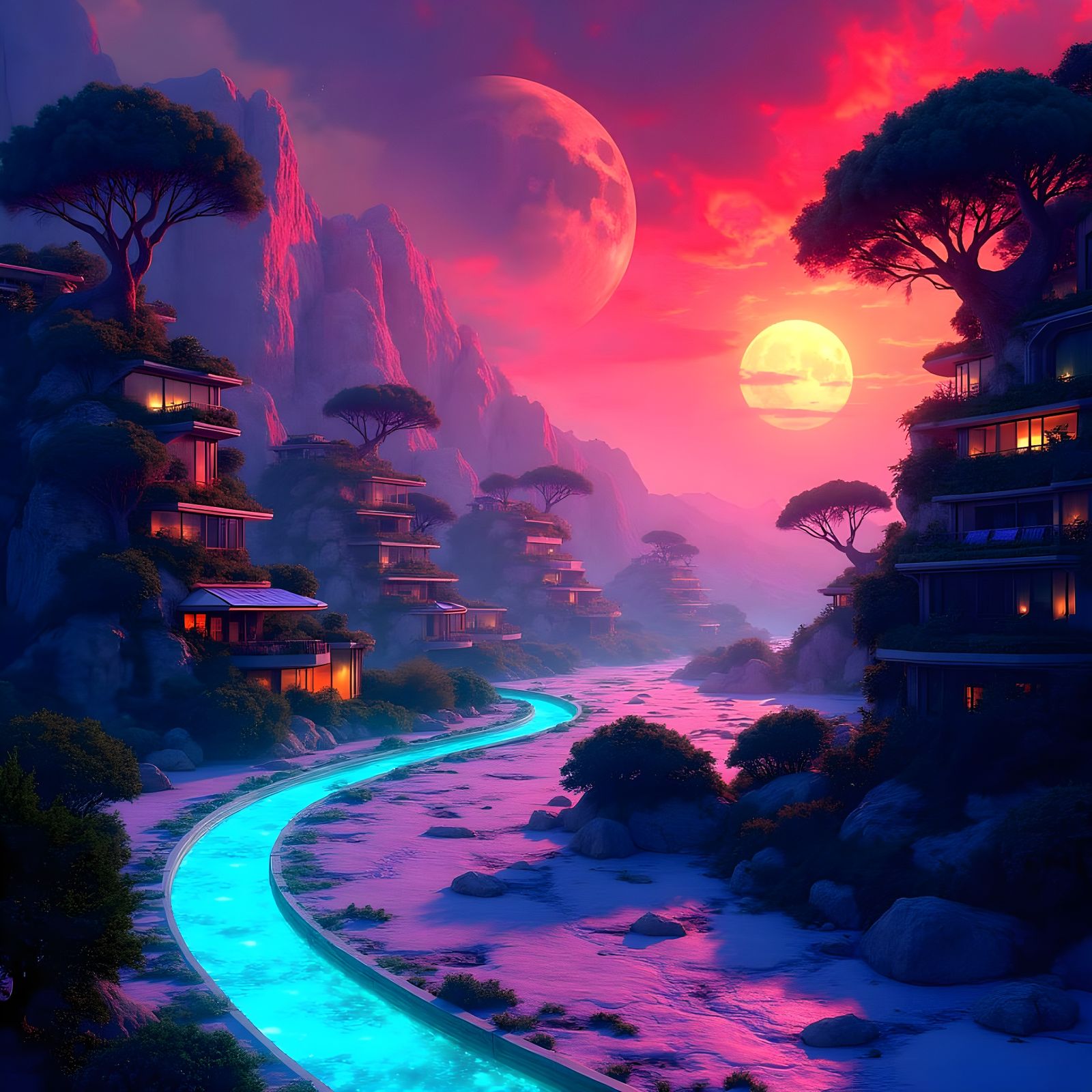 Ethereal Solarpunk Cityscape Unfolds on the Lunar Horizon