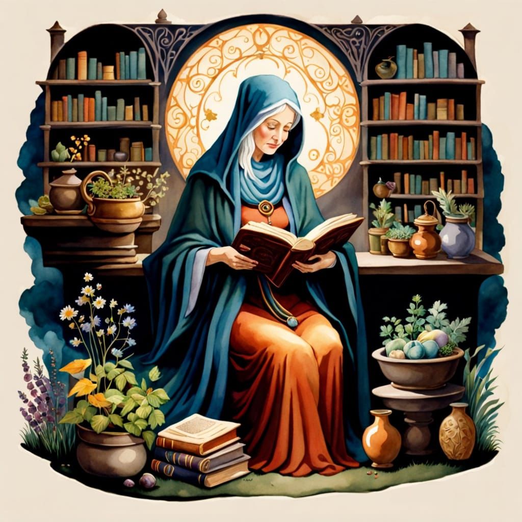 Vintage Watercolor Illustration of a Wise Crone in Mystical ...