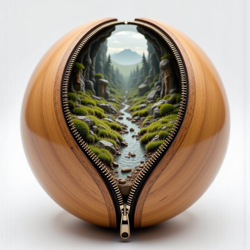 Wooden Orb Unzipping to Reveal Miniature World