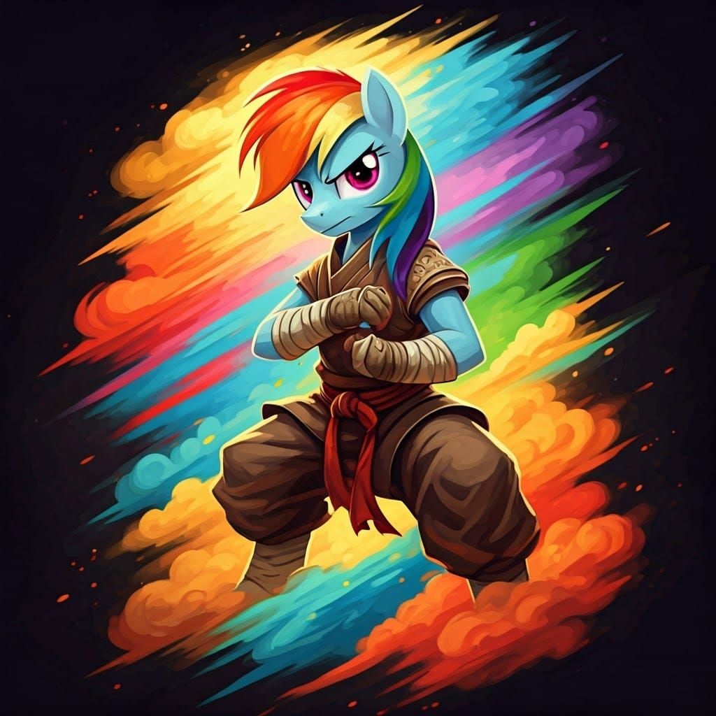 Confident Fighter Monk in Vibrant Iridescent Colors