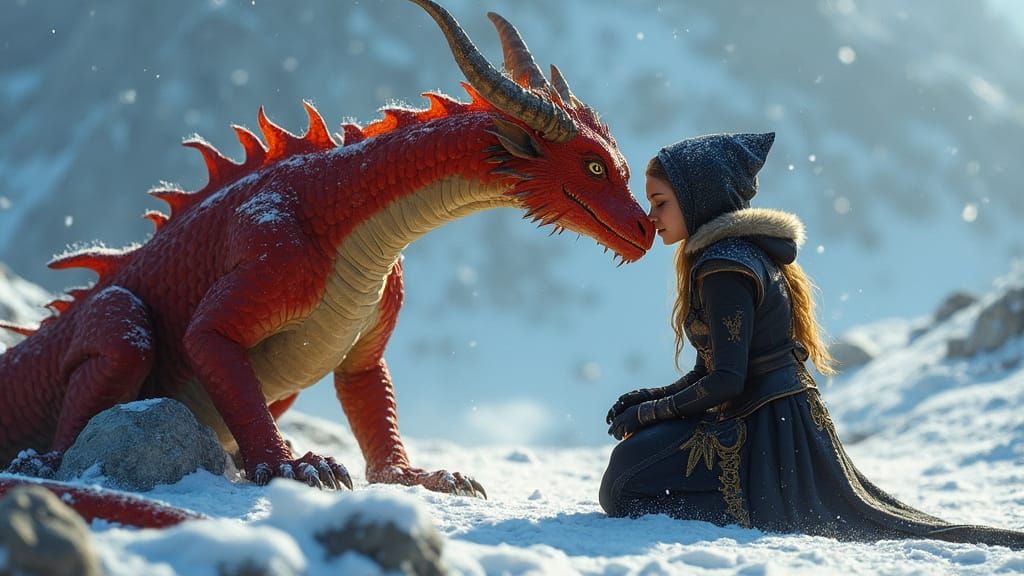 Elf and Dragon Intimate Moment in Snowy Mountains