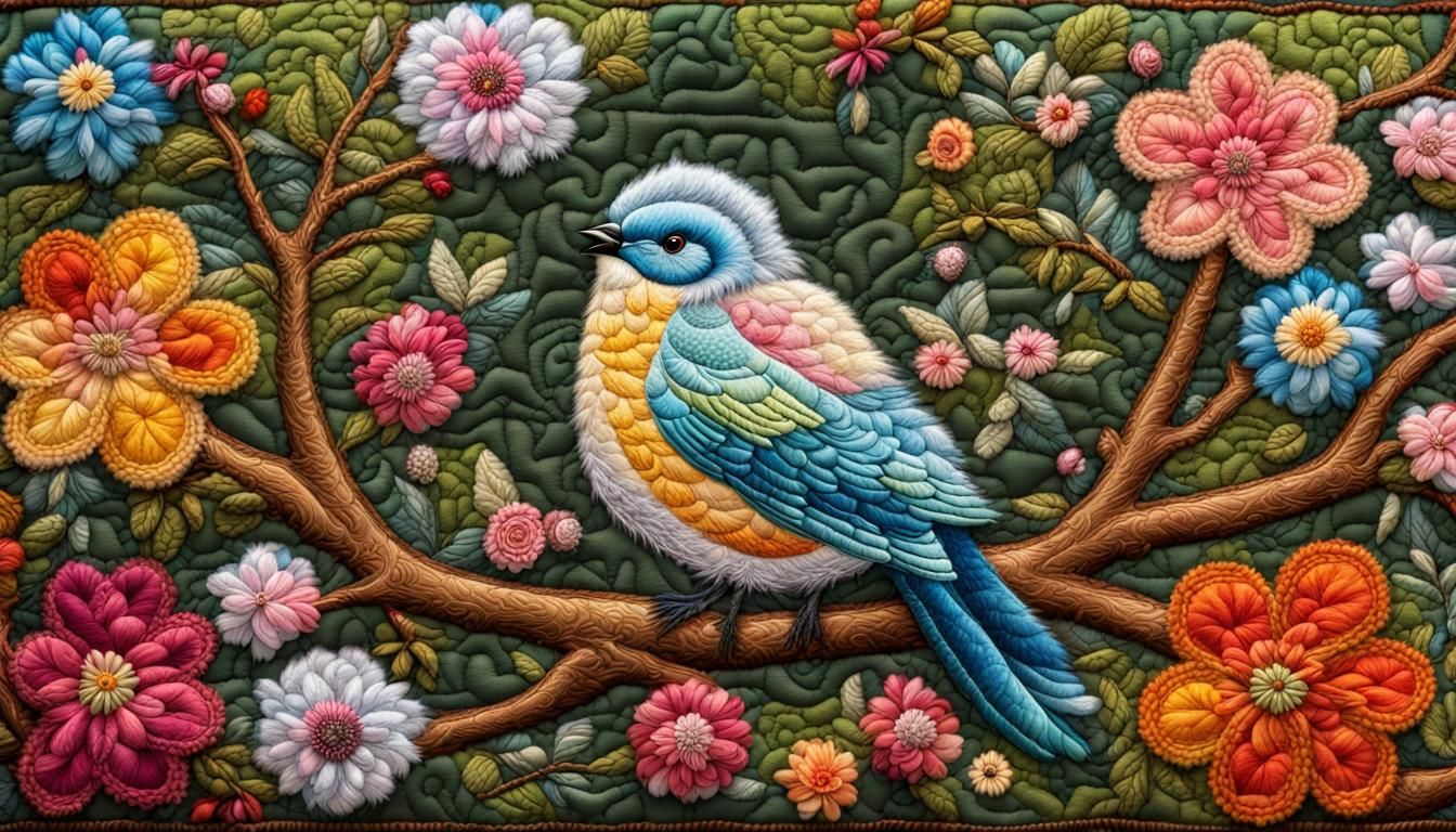 Embroidered Bird on Mossy Branch Quilted Landscape