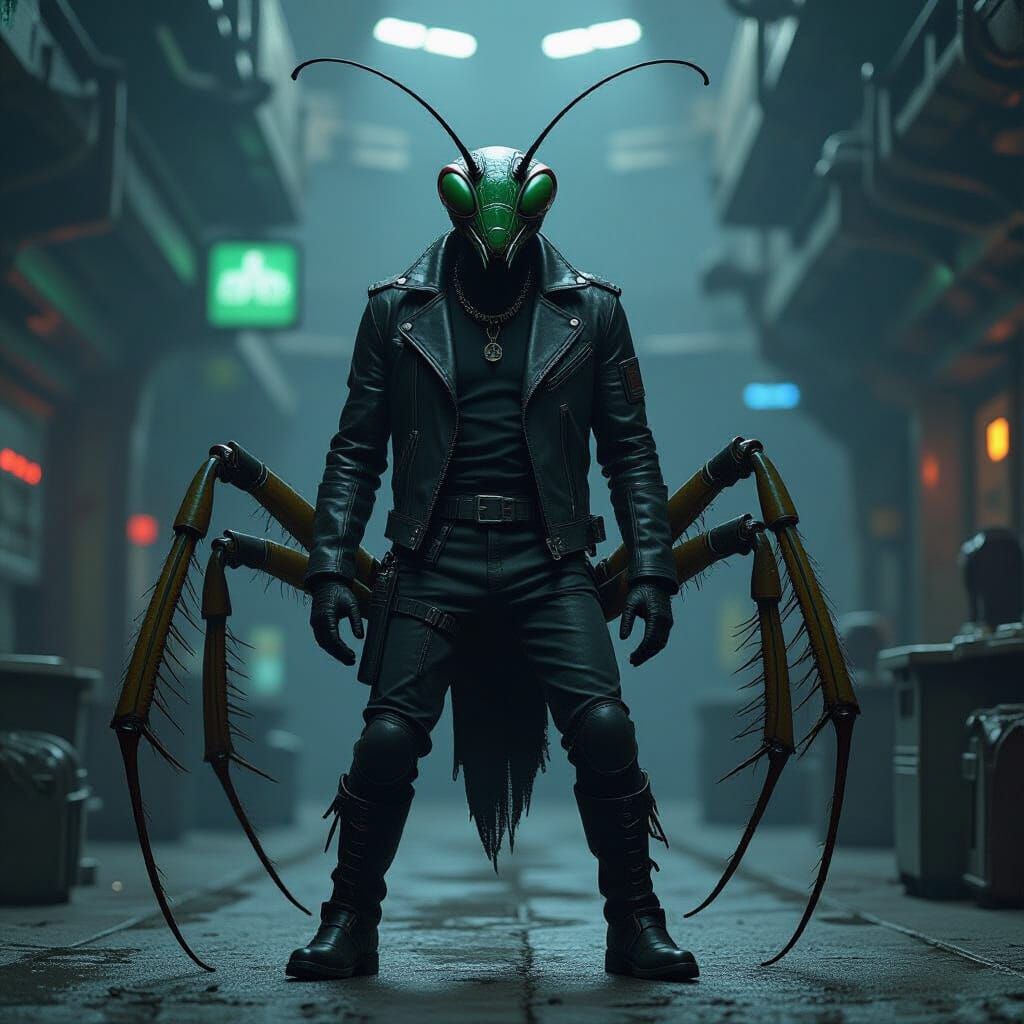 Alien Mantis Smuggler in Grimy Sci-Fi Spaceport