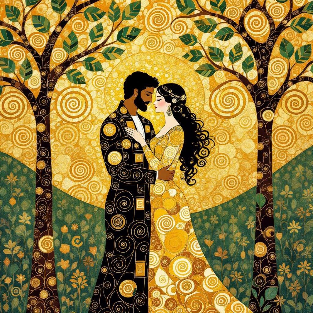Adam and Eve in Paradise as Klimt Painting