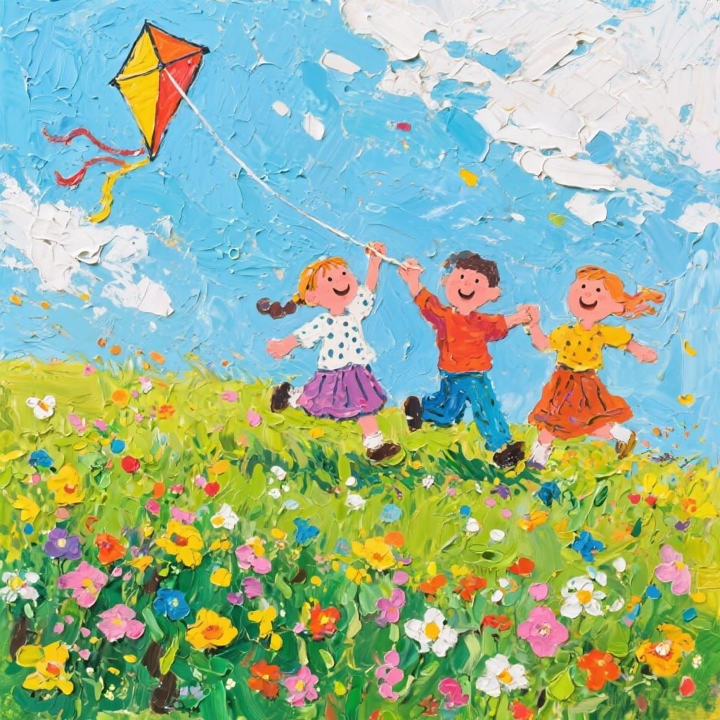 Children Flying Kites in Wildflower Meadow, Naive Art Style