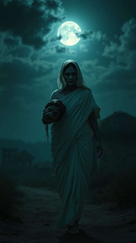 Creepy Indian Woman with Severed Head in 3D