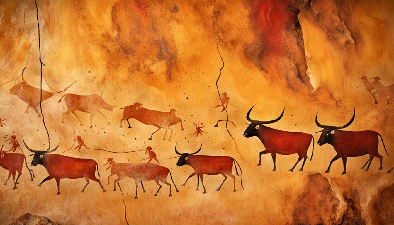 Stone Age Cave Painting of Bulls and Hunters