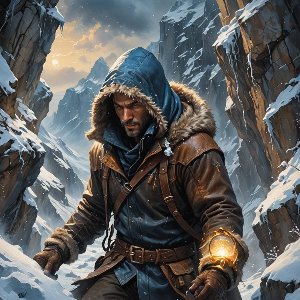 Icy Descent: Treasure Hunter on Snowy Cliff