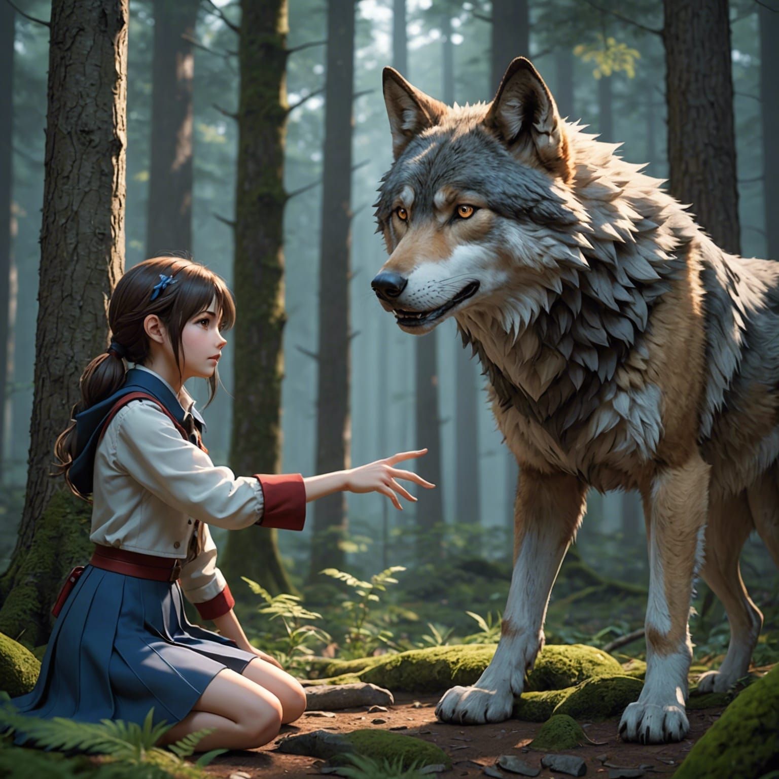 Anime Girl Comforting Wolf in Forest: 3D Art
