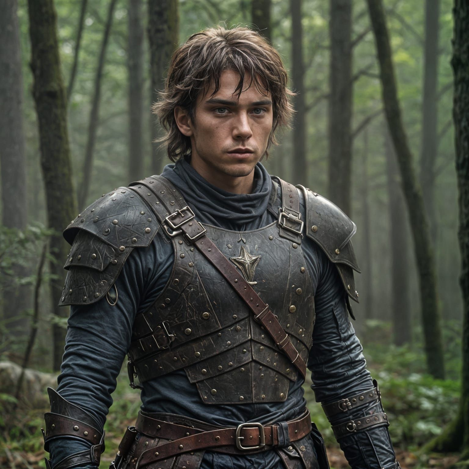 Young Warrior in Worn Leather Armor