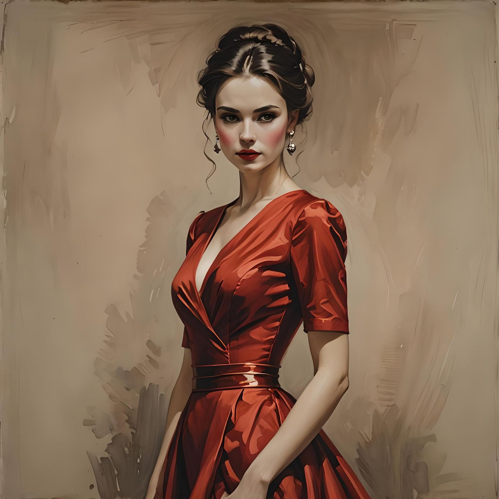Elegant Woman in Red Dress Digital Art