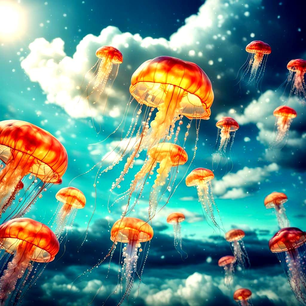 Crystal Jellyfish Ascend to Cloudy Sky: Cinematic Still