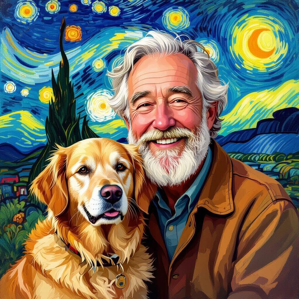 90 Year Old Artist with Golden Retriever, Van Gogh Style