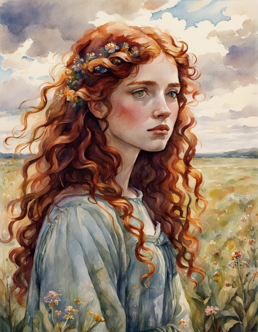 Watercolor Portrait of Girl with Red Hair