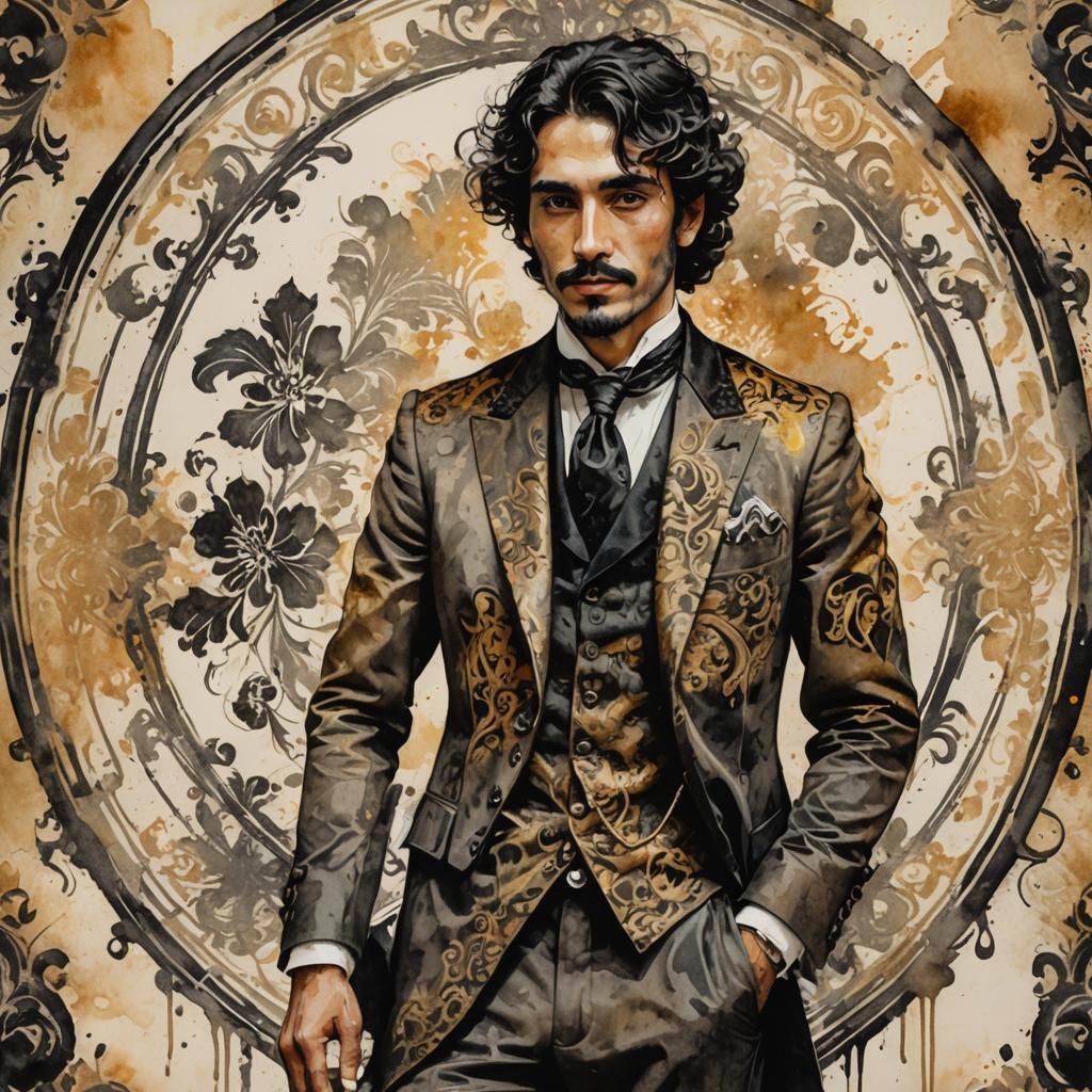 Victorian Gentleman in Ink Wash Portrait