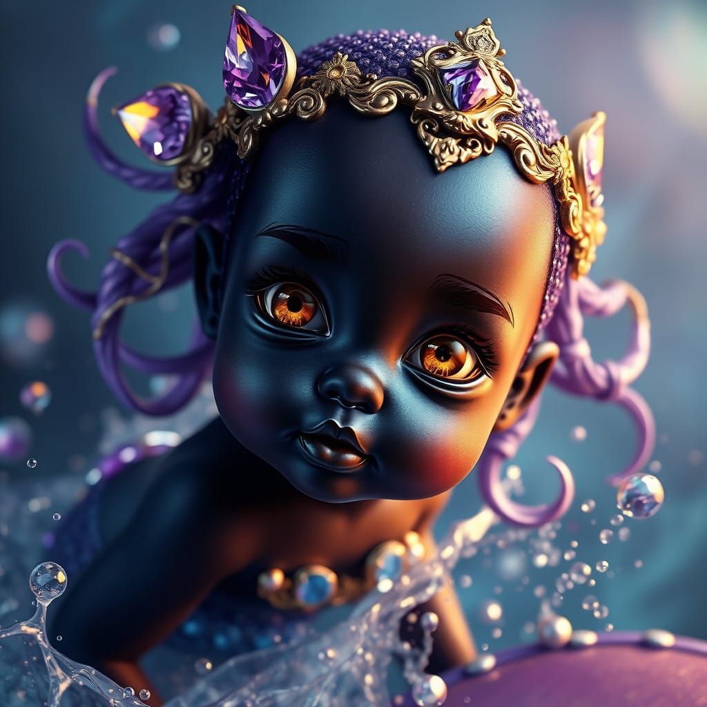 Ebony Mermaid Shines in Amethyst and Sapphire, Golden Eyes G...