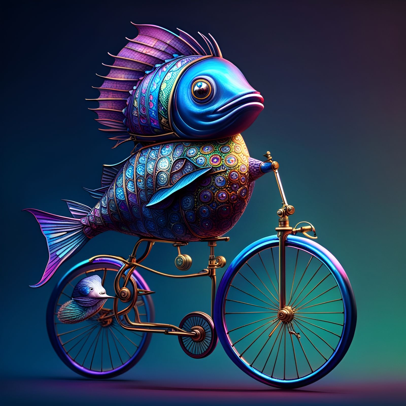 Iridescent fish riding a penny farthing bicycle, a whimsical...