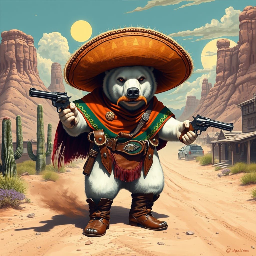Wild West Polar Bear Gunslinger in Western Town