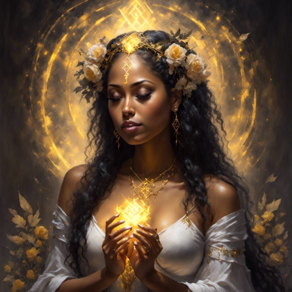 Enchanting Woman Meditating with Glowing Runes