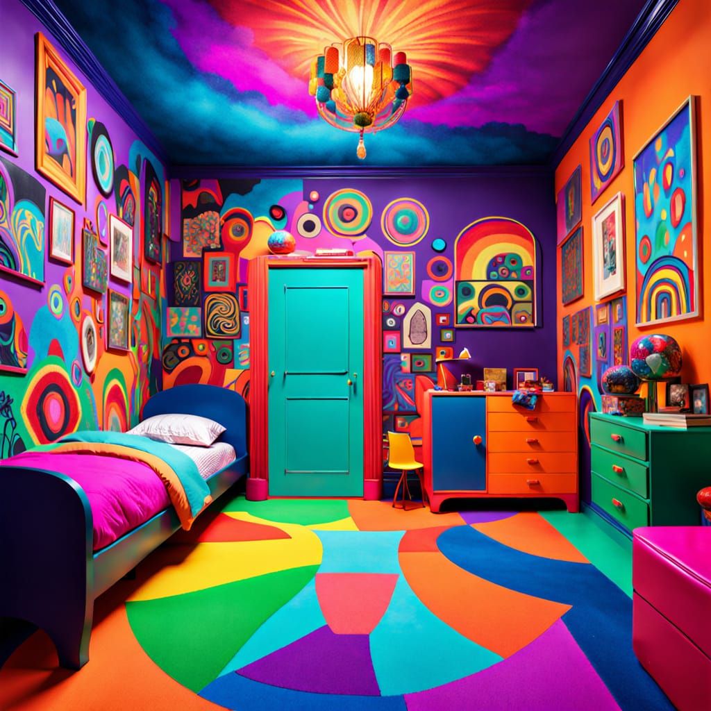 Vibrant Whimsical Bedroom Oasis in Kaleidoscopic Art Deco St...
