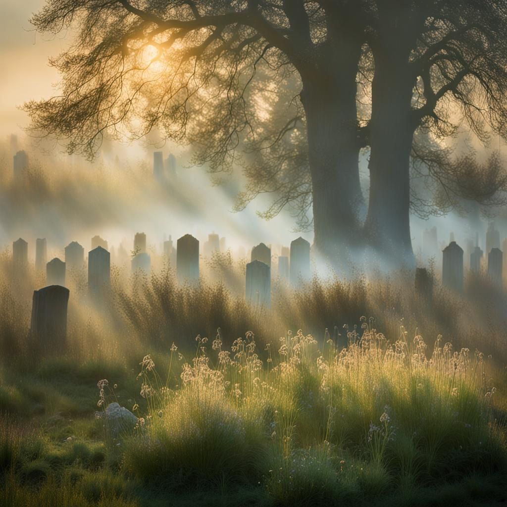 Romantic Churchyard Scene at Golden Hour